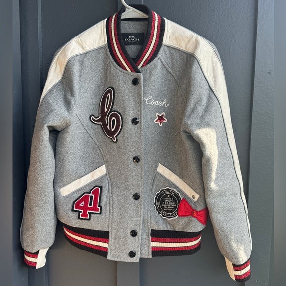 Coach Gray Metallic Patch Wool Varsity Jacket
with Red and White Details - Picture 5 of 14